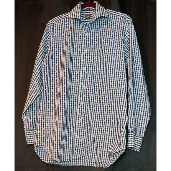 Peter Millar Mens Button Up Long Sleeve Plaid Shirt Check Blue & White Size 15.5 - Picture 1 of 9